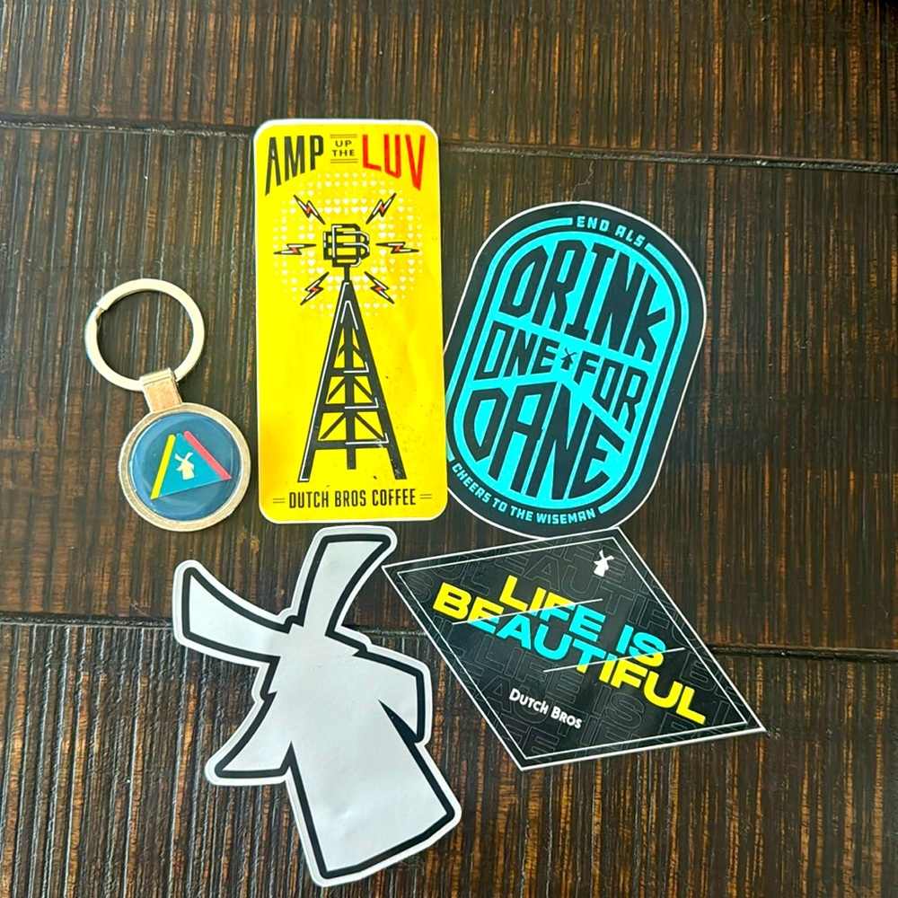 Dutch bros stickers and key chain